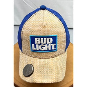 Bud Light Blue Straw Trucker Hat Snapback Bottle Opener Mesh Back Beer Cap